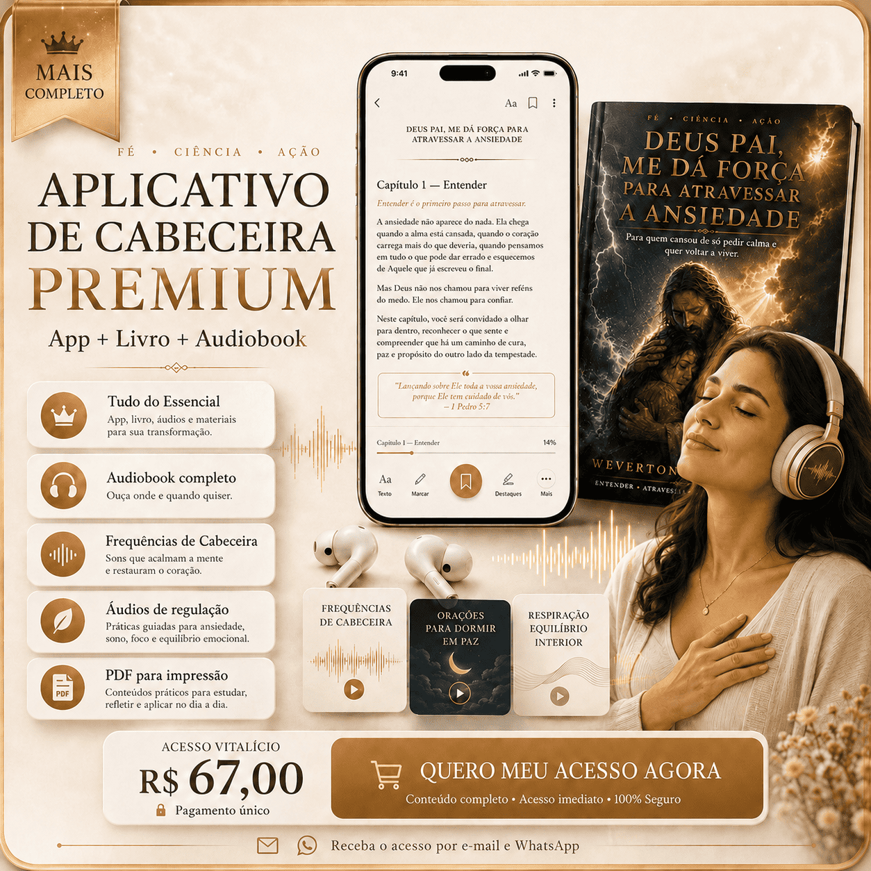 Aplicativo de Cabeceira Premium com app, livro, audiobook e áudios binaurais