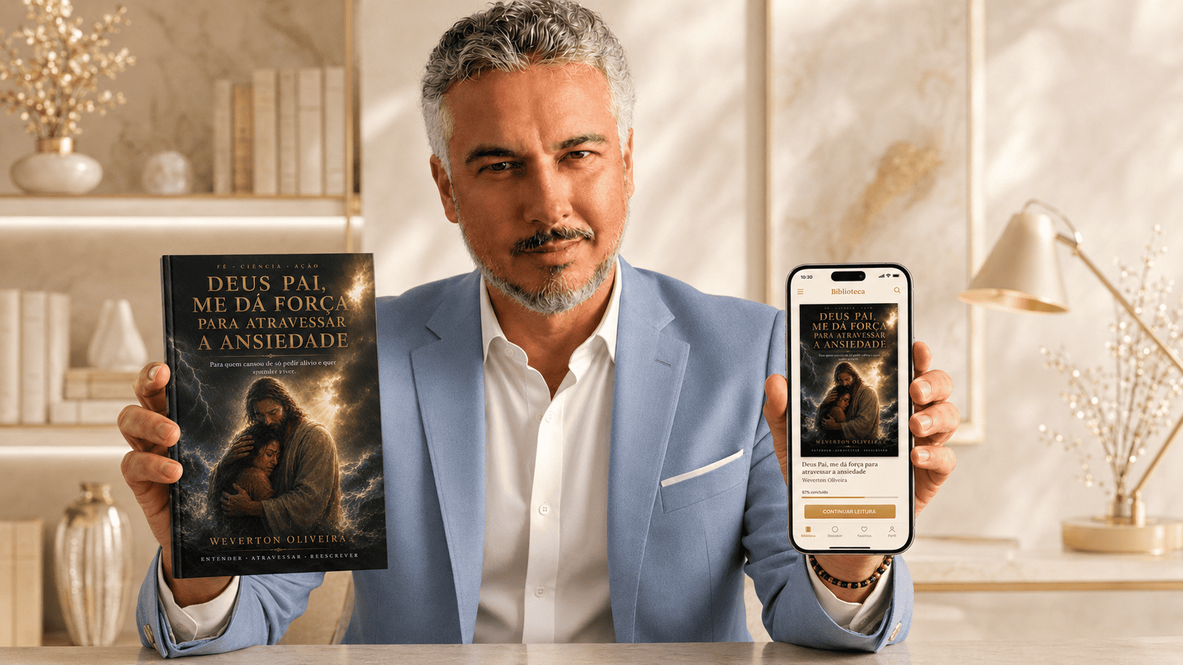 Autor segurando o livro e mostrando o aplicativo de leitura no celular
